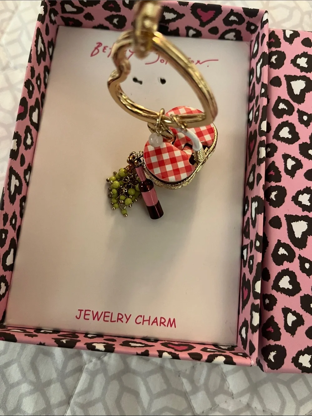 Betsey Johnson Pink Leopard Gift Boxed Picnic Basket  Bag Charm
